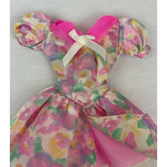 Vintage Barbie Pink Floral Dress Layered Puff Sleeves Bow Tulle - Picture 5 of 6